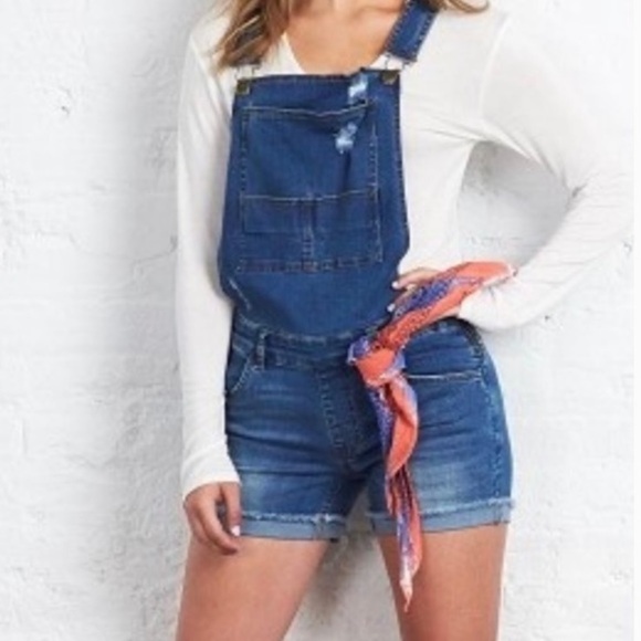 Wild Blue Denim Distressed Overall Bib Shorts - Picture 1 of 9